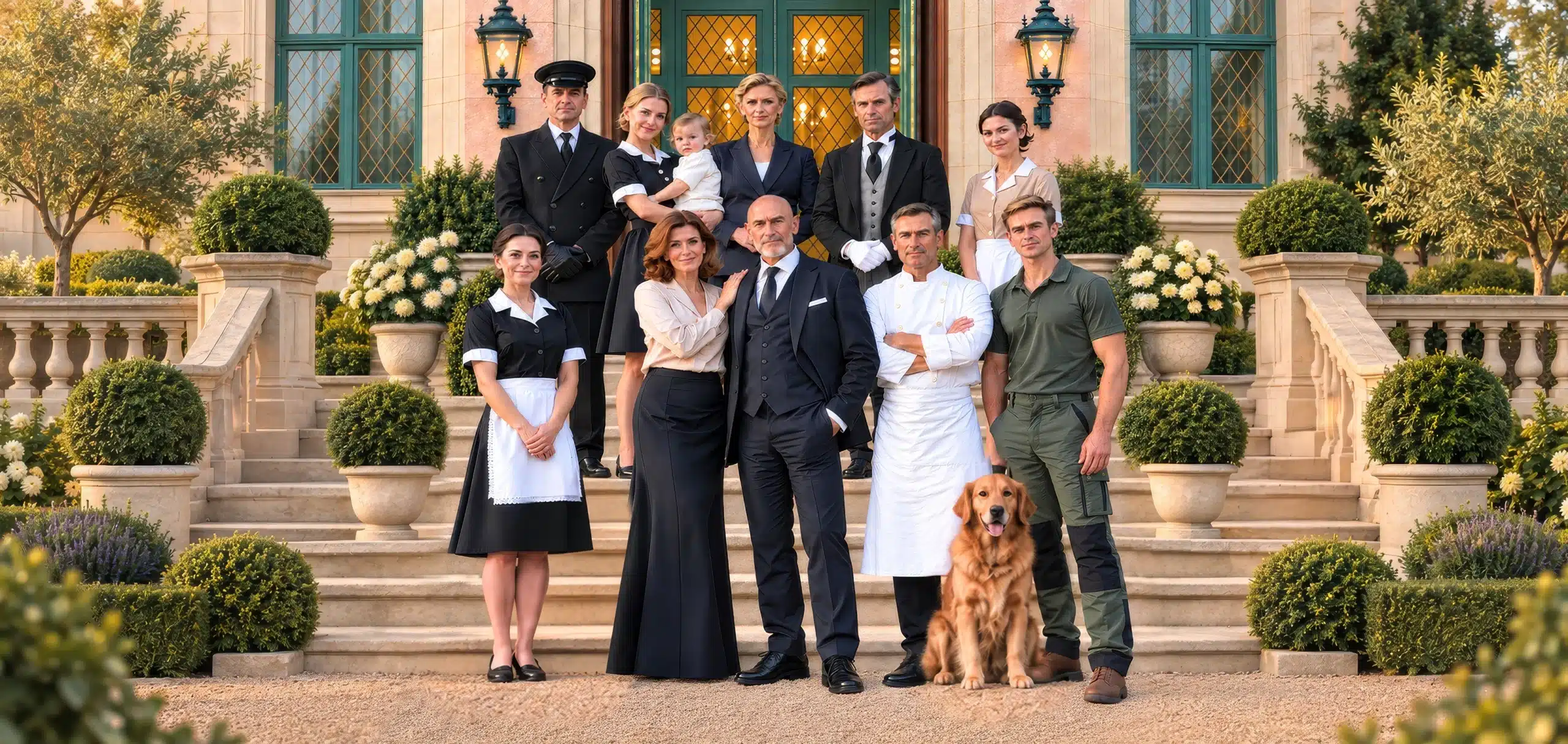 Finden Sie das perfekte Hauspersonal für Ihr gepflegtes Anwesen. Team aus qualifiziertem Hauspersonal vor einer exklusiven Privatresidenz – Consulting Home & Garden Personalvermittlung